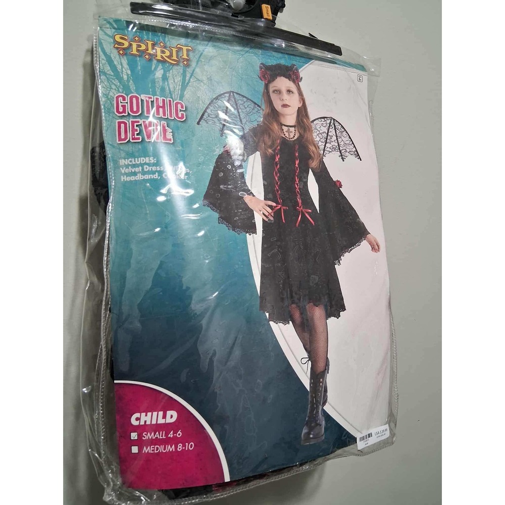 Spirit Halloween‎ Gothic Devil Costume Velvet Dress Wings Headband Child Small